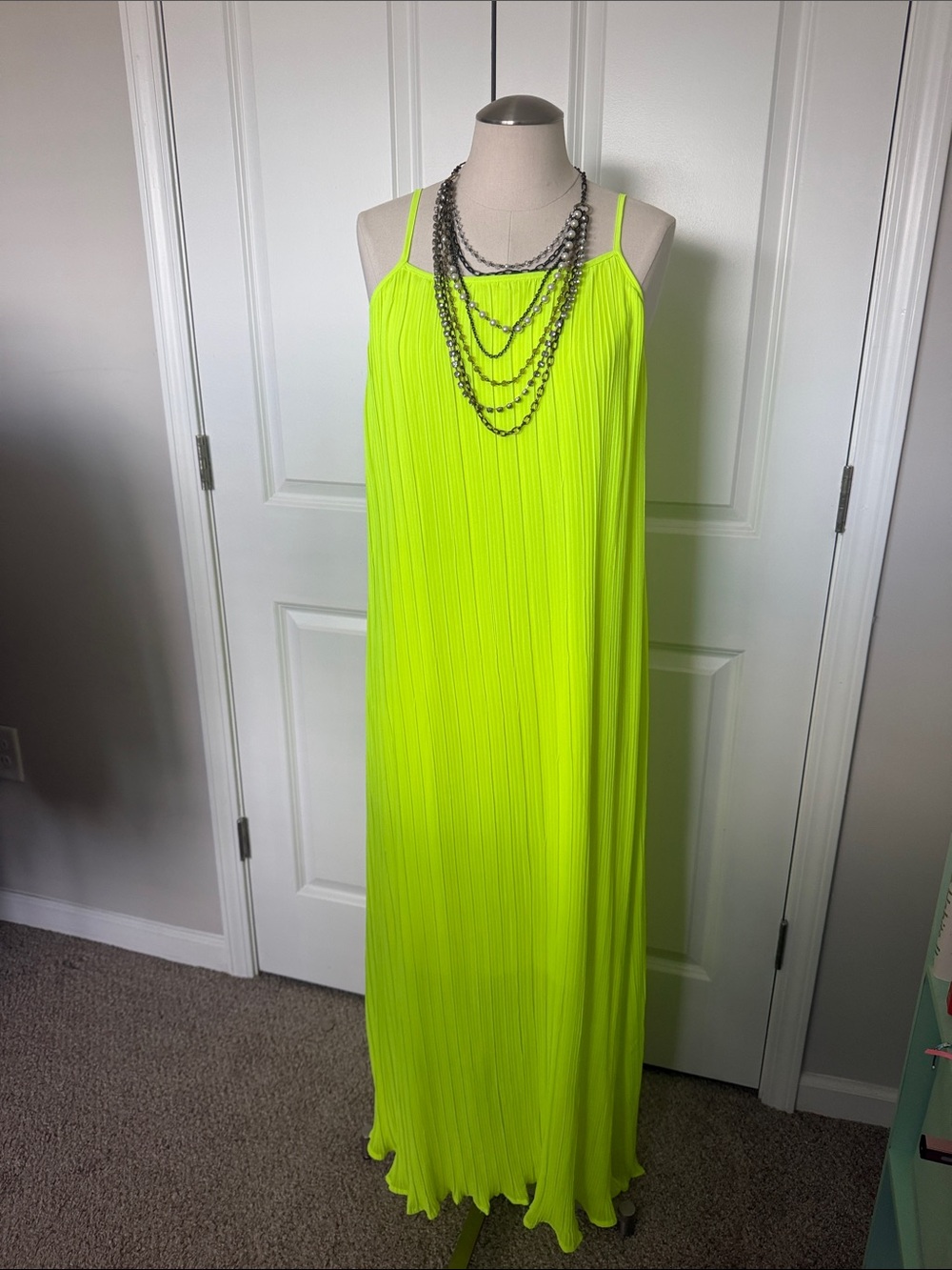 Choies Neon Yellow Pleated Maxi Dress with Spaghetti Straps